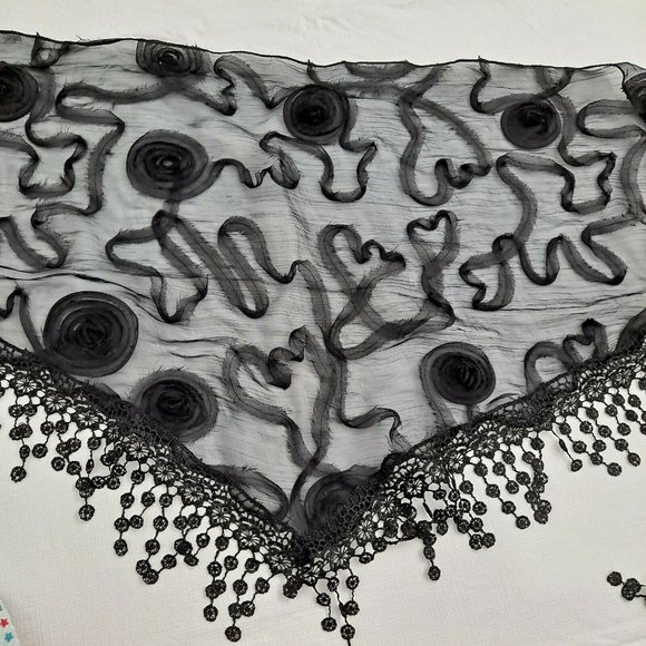 Shawl Sheer Tassel Black Swirl Ribbon Shoulder Cover Triangle 18x74 - Picture 6 of 7